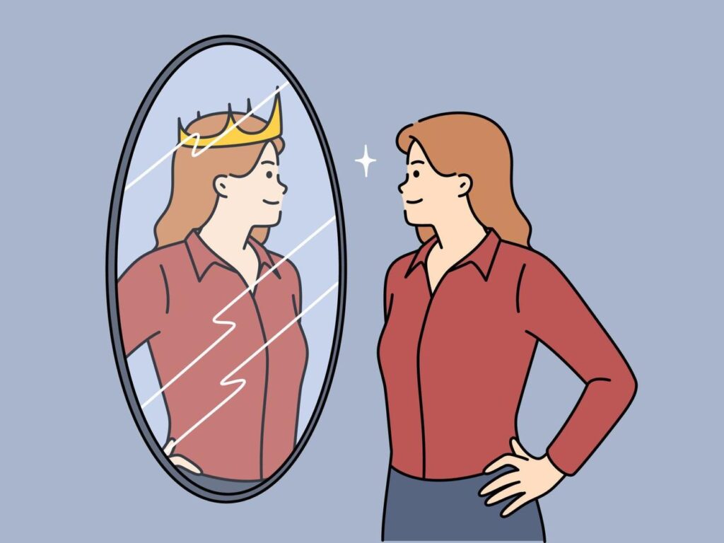 Ambitious Woman Looks In Mirror And Sees Own Reflection With Crown Symbolizing Success Girl In Business Clothes Dreams Of Career Achievements And Successful Future In Company Vector 1024x768
